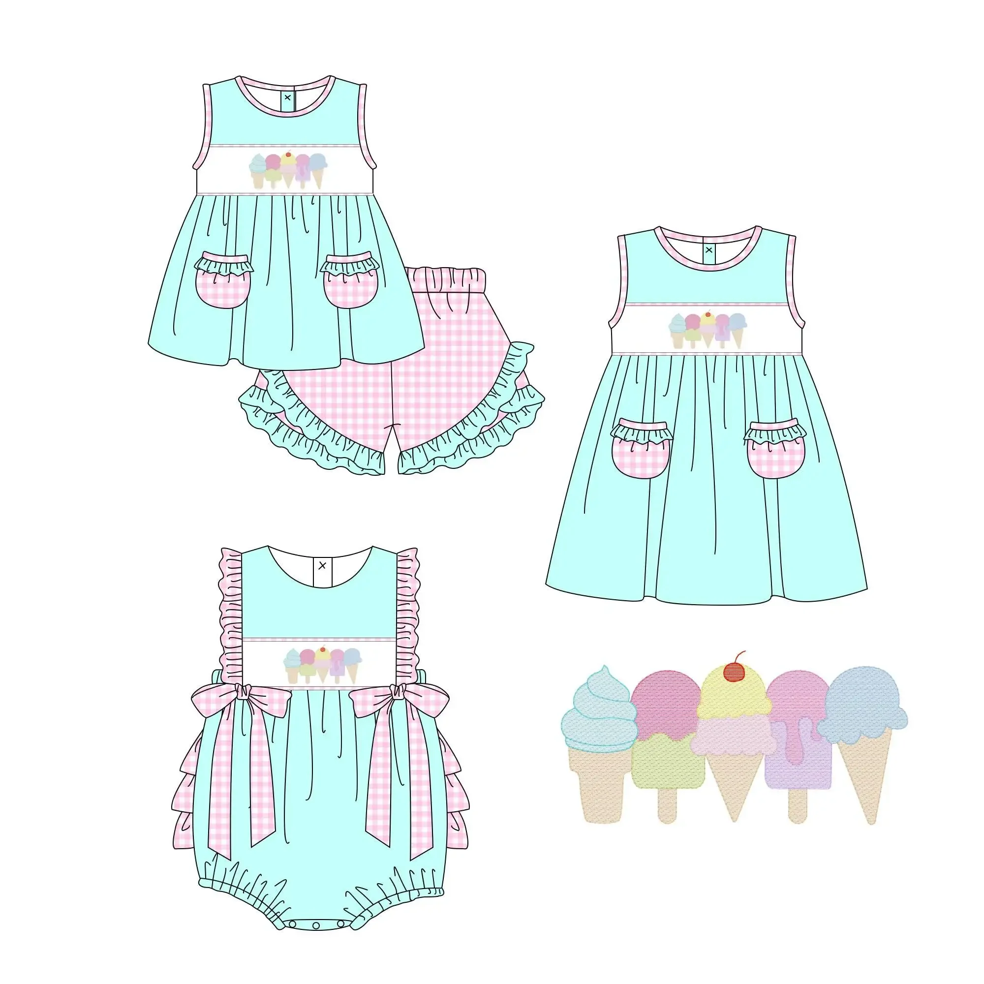 New children's summer matching suit milk silk girl ice cream print blue sleeveless dress suit summer boutique