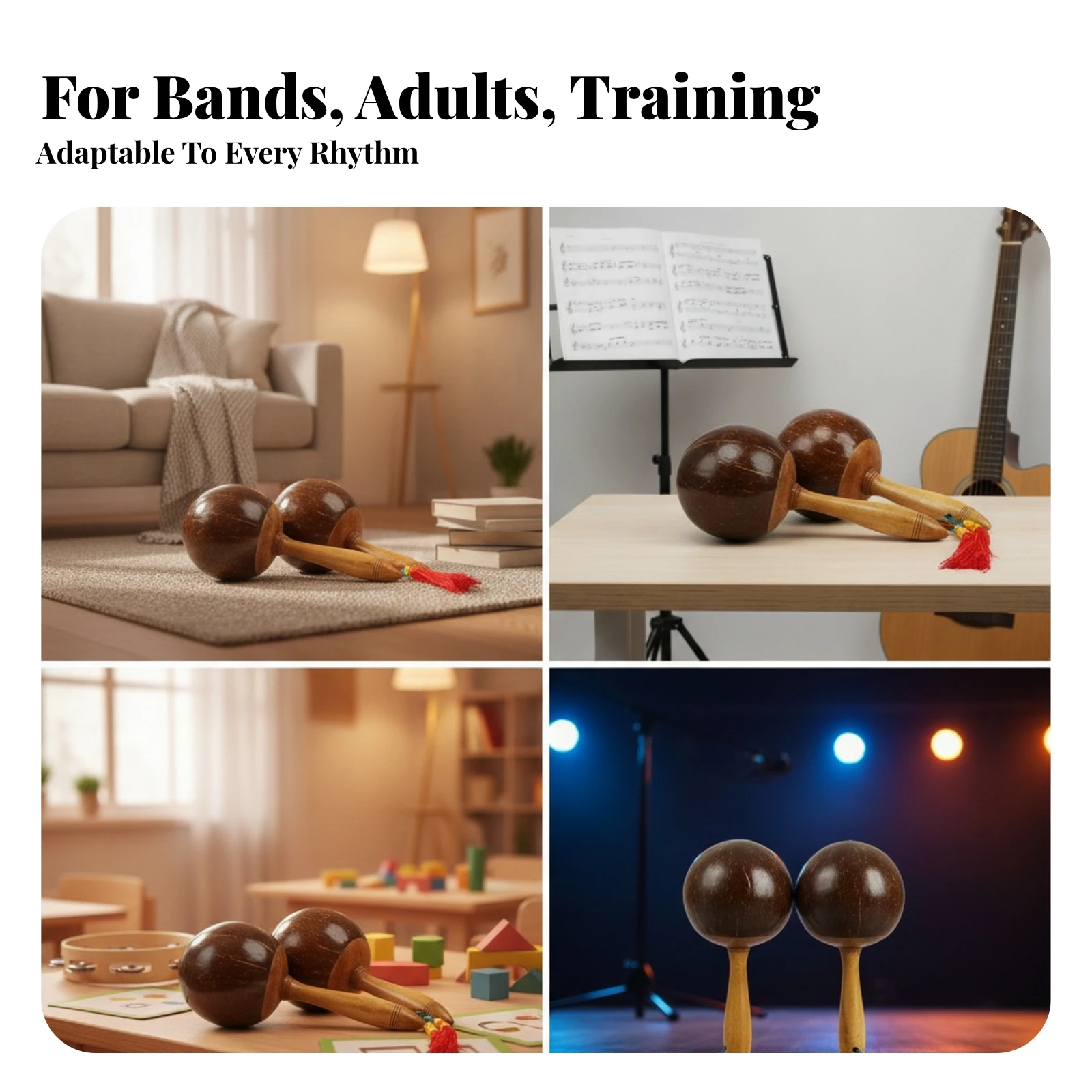 Maraca de percusión con acabado pulido, maraca de mano, agitador de madera con mango cónico, instrumento musical con cabeza redondeada