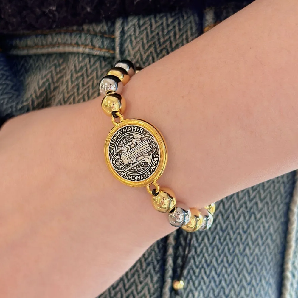 세인트 베네딕트 땋은 묵주 팔찌 핸드 쥬얼리 조절 가능한 페르시 팔찌 매력 민족 스타일 팔찌 기도 구슬 선물