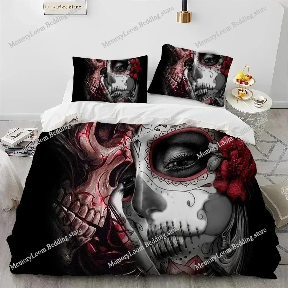 3D Horror Gothic Female Skull Dead Girl Comforter Bedding Set Duvet Cover Bed Set Quilt Cover Pillowcase,Queen Size Bedding Set