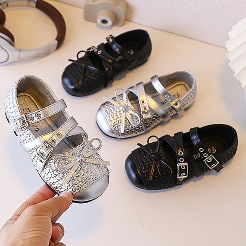 

Silver Children's Leather Shoes 2025 Autumn New Bow Girls' Mary Jane Princess Shoes Soft soled Casual Children's Dance Shoes