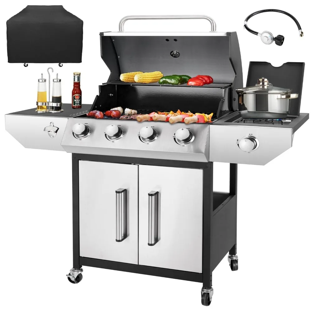 53000 BTU Gas Grill & Enameled Cast Iron Grates, 4 Main & Side Burner Propane Patio Garden, Custom view 2