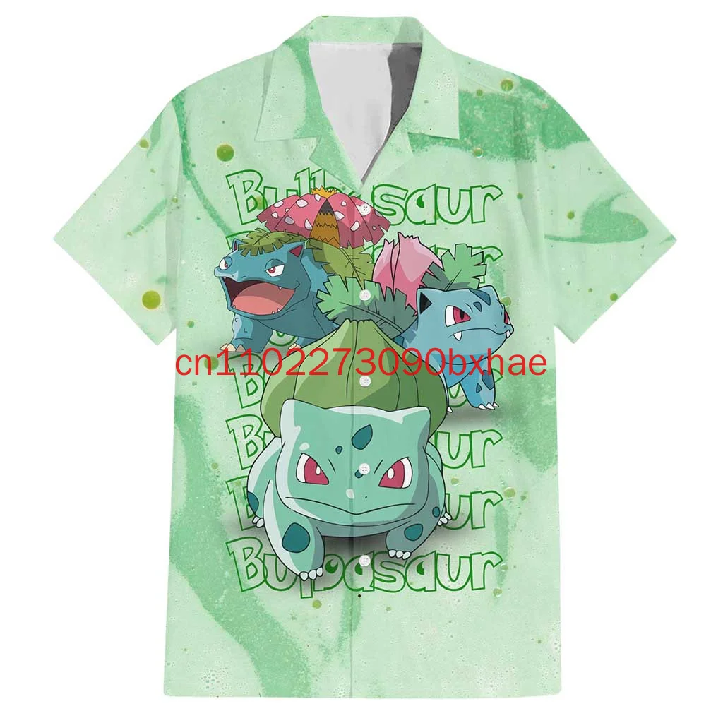 2025 nueva camisa hawaiana de Pokemon Bulbizarre con estampado 3D, moda de verano, Anime callejero, camiseta fresca para hombres y mujeres para niños