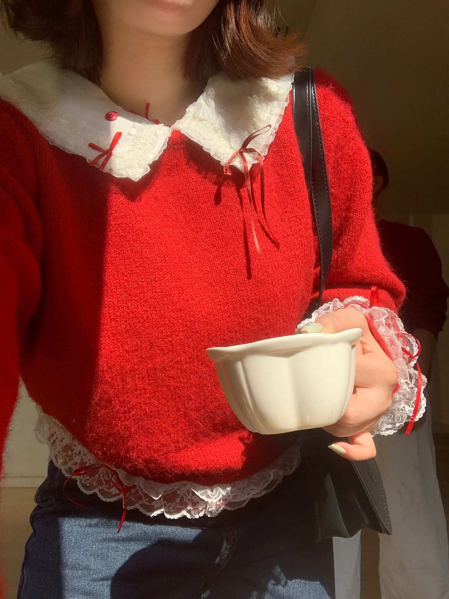 

Romantic Red Lace Trim Soft Sweater Korean Sle Design Women's Loose Fit Long Sve Knot ort Length Knitted Top