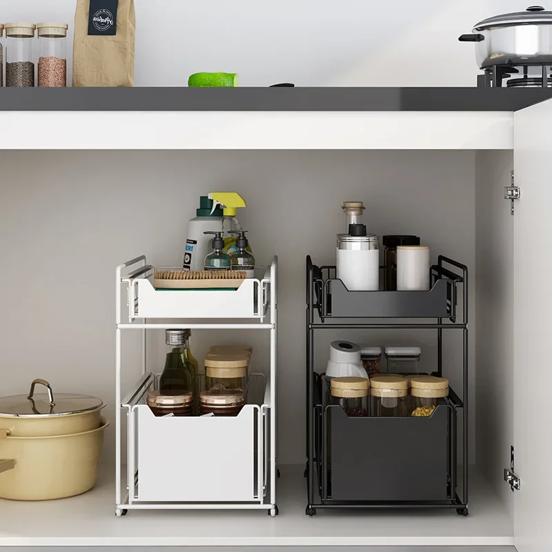 Folding kitchen rack, floor-to-ceiling kitchen bottom push-pull cabinet storage rack