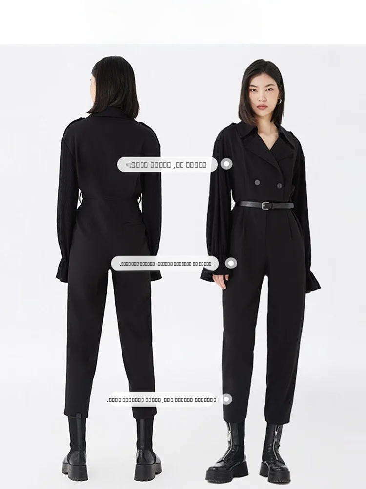 จั๊มสูทผู้หญิง แบรนด์ Ele สำหรับฤดูใบไม้ผลิและฤดูร้อน ปกเสื้อพับได้ กางเกงขายาวทรงแคปรี แฟชั่น ทรงแครอท ขาเรียว เอวสูง ใส่ได้หลากหลาย