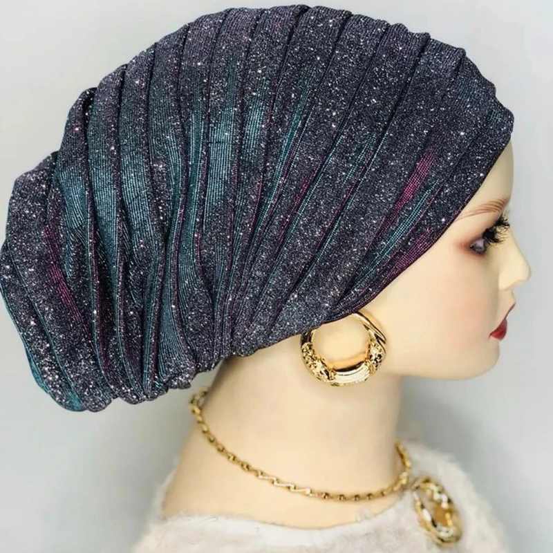 Glitter Full Body Pleated Turban Cap for Women 2023 Lady Head Wraps Muslim Headscarf Hat Turbante Mujer African Headpiece