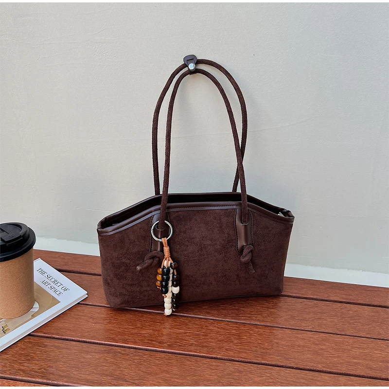 

Retro Suede Tote Bag For Women, Brand Style For Fall 2025 Commuter Shoulder Bag Underarm Bag Matte Texture Handbag With Pendant