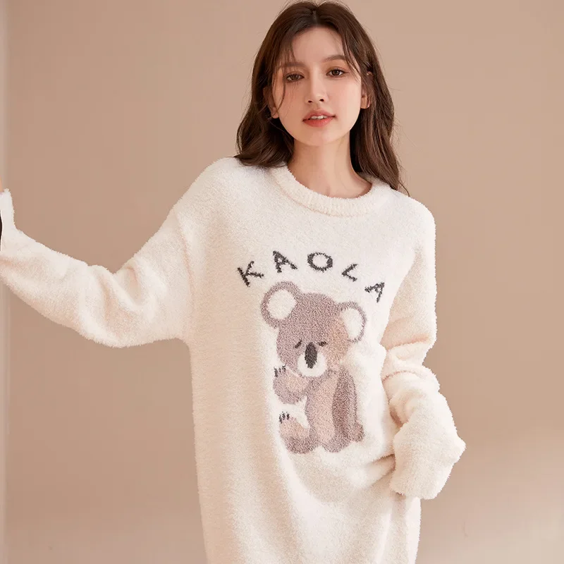 Autumn Winter Thicken Warm Soft Long Sleepwear Dress Women Homewear Long Sleeved Cute Cartoon Padded Nightgown Pyjamas Bath Robe