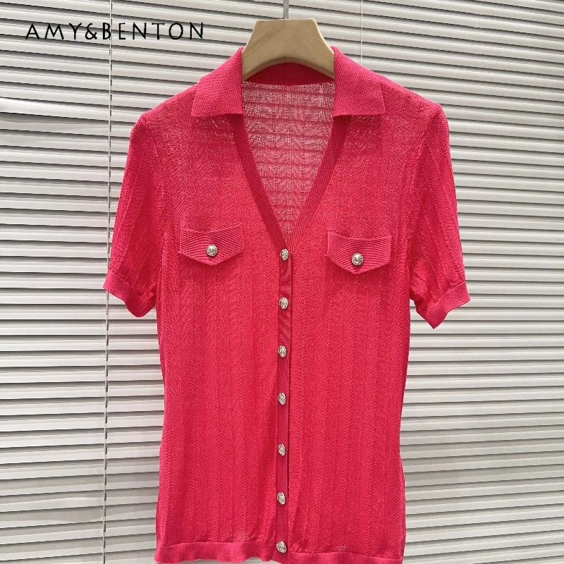 

Korean Version Lapel Hollow Out Short-sleeved Women's Knitted T-shirt 2026 New Pullover Design Temperament Versatile Top Ladies