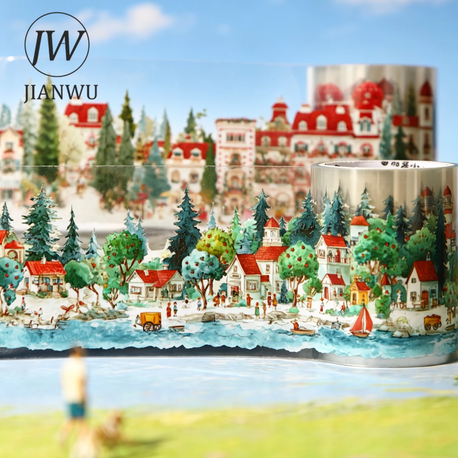 JIANWU Enter The Town Series Vintage Tree House River Landscape Material Collage PET Tape Creative DIY Journal Stationery