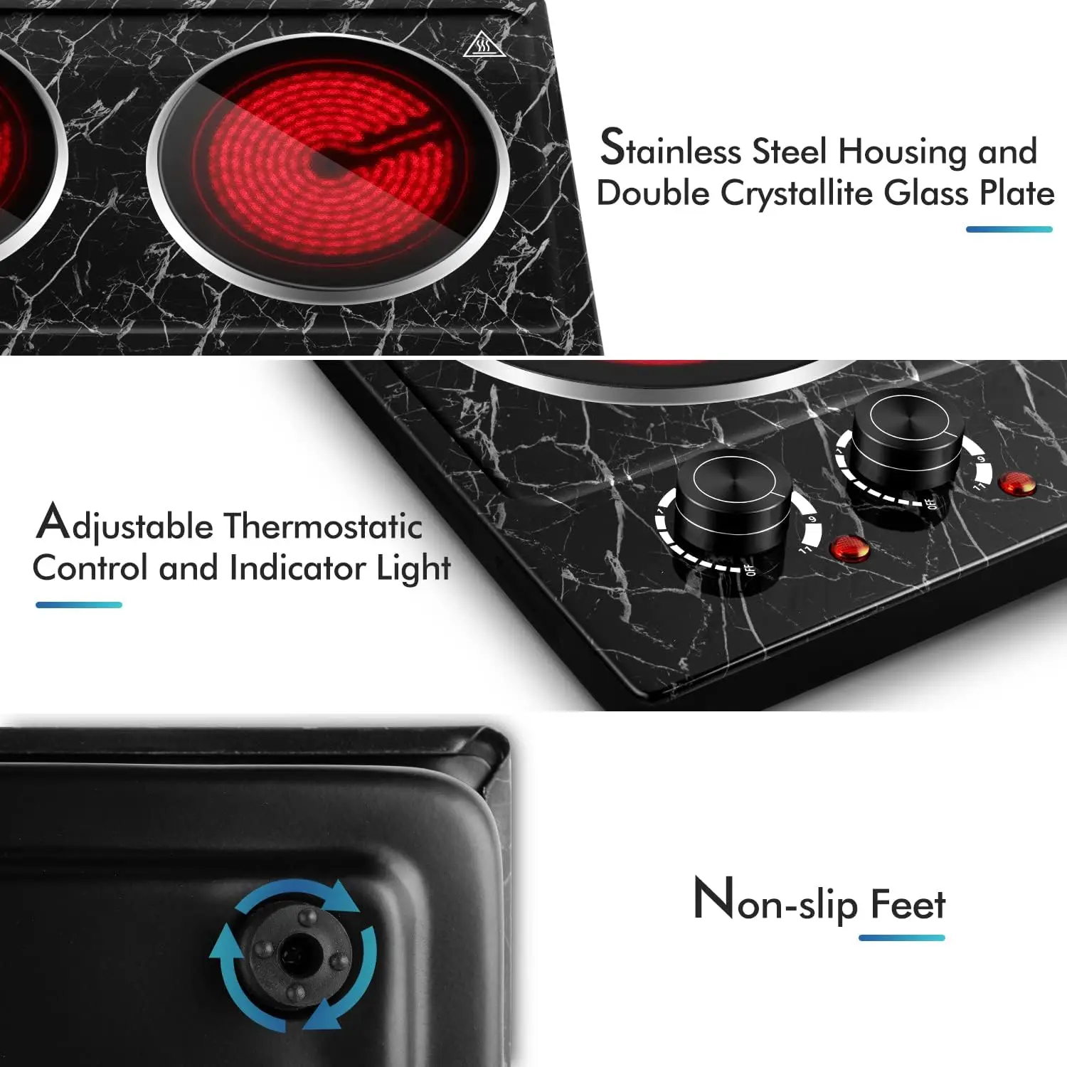 Double Burner Electric Hot Plate for Cooking, 1800W, Black Marble | Portable Infrared Cooktop with Dual Temperature