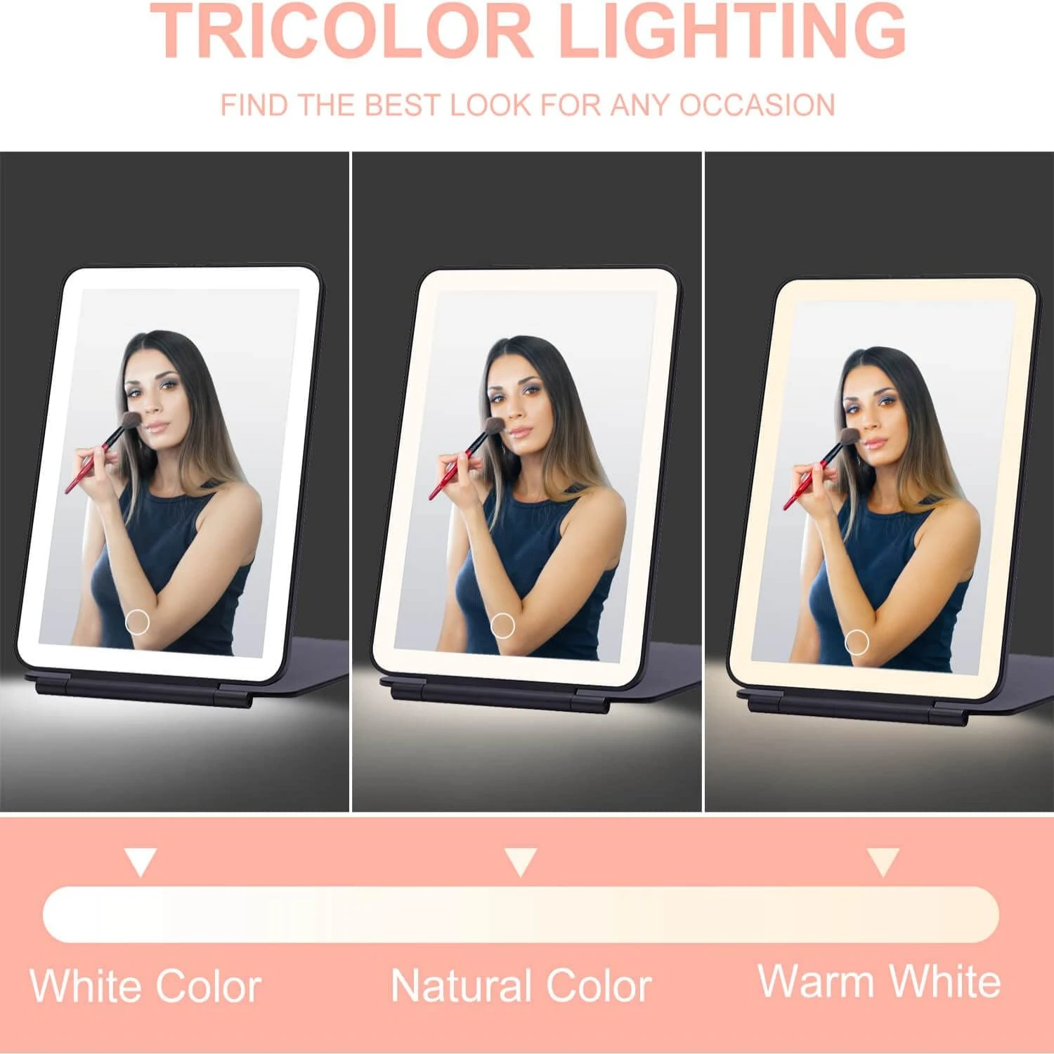 Foldable LED Tabletop Makeup Mirror - Portable and Convenient for Travel, Cosmetic, and Office Use - 7x9 inches with 3 Colors Li