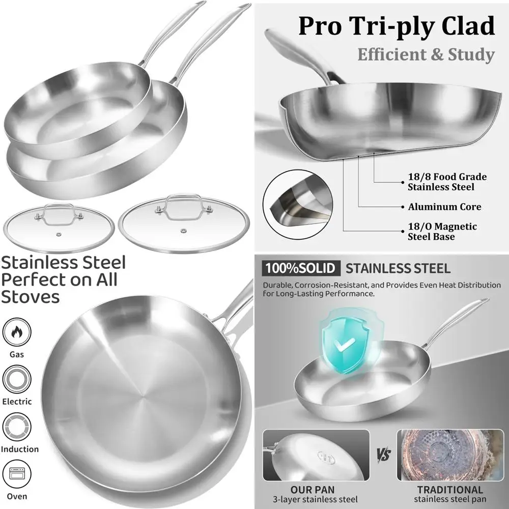 

10-12 Inch Stainless Steel Tri-Ply Frying Pan Set with Lids, Skillets, Induction Cookware, Dishwasher and Oven Safe, Long-Lastin