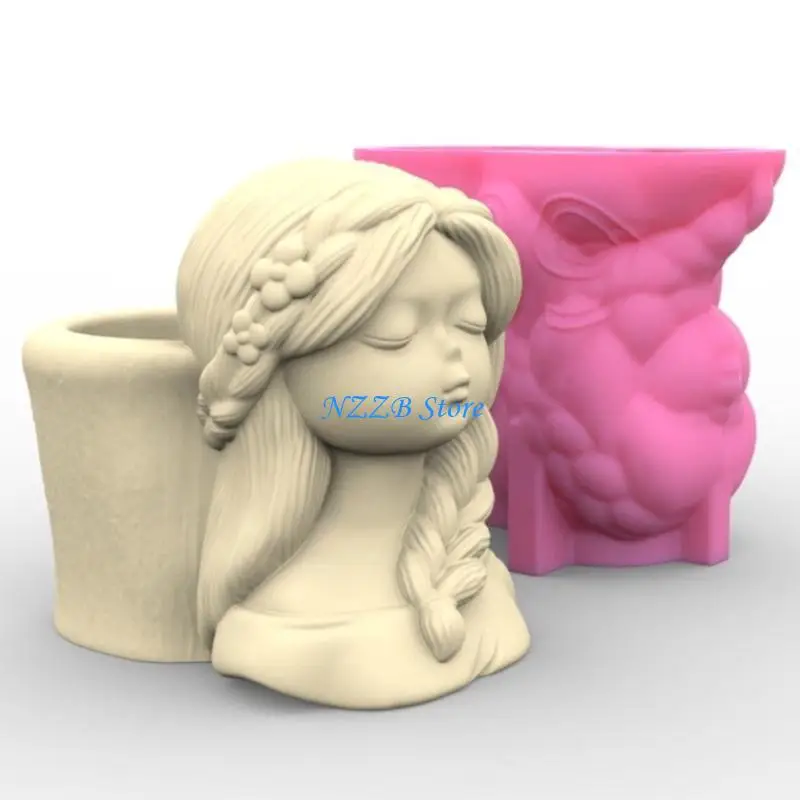 

T21F Side Braids Girl Planter Mold Pen Holder Container Mold DIY Pots Tool
