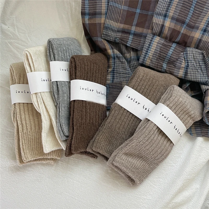 Japanese Warm Wool Socks Solid Color Women's Casual Cotton Socks Autumn Simple Female Fashion Thermal Medium Long Socks