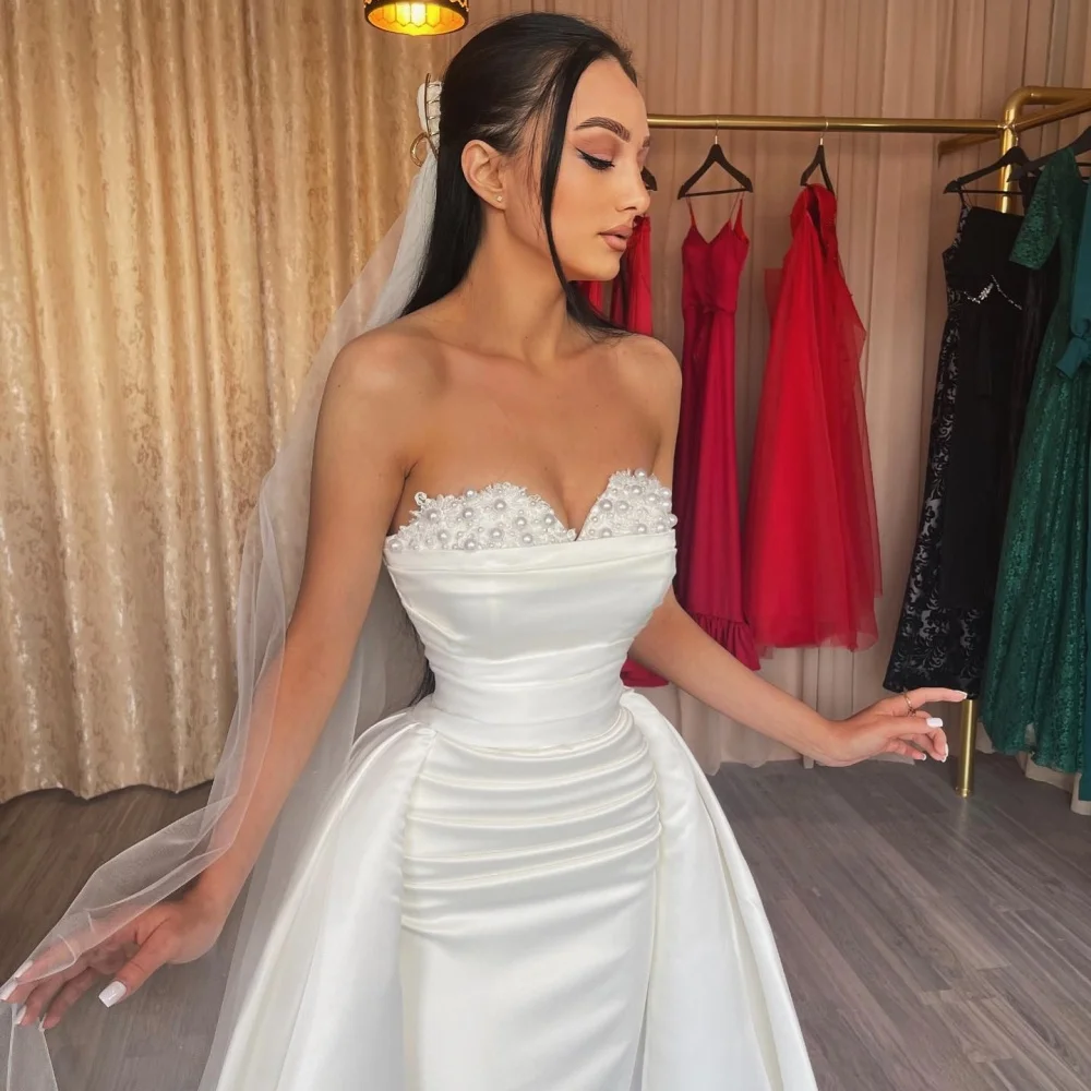 Cathy White Pearls Strapless Mermaid Wedding Dress Satin Veil vestidos de no Floor-Length Sleeveless Customized Party Dress 2024