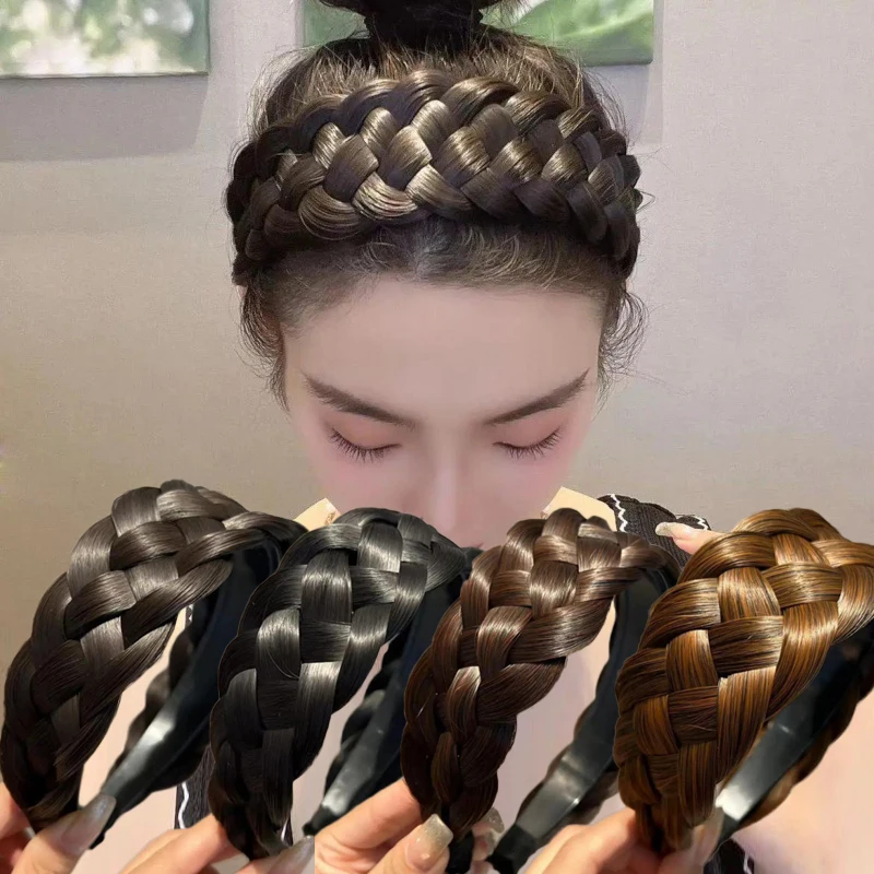 Wig Lebar Wanita Ikat Rambut Kepang Putar Aksesori Rambut Kepang Anti-selip Mode Wanita Aksesori Rambut Bando Wig Fashion Wanita