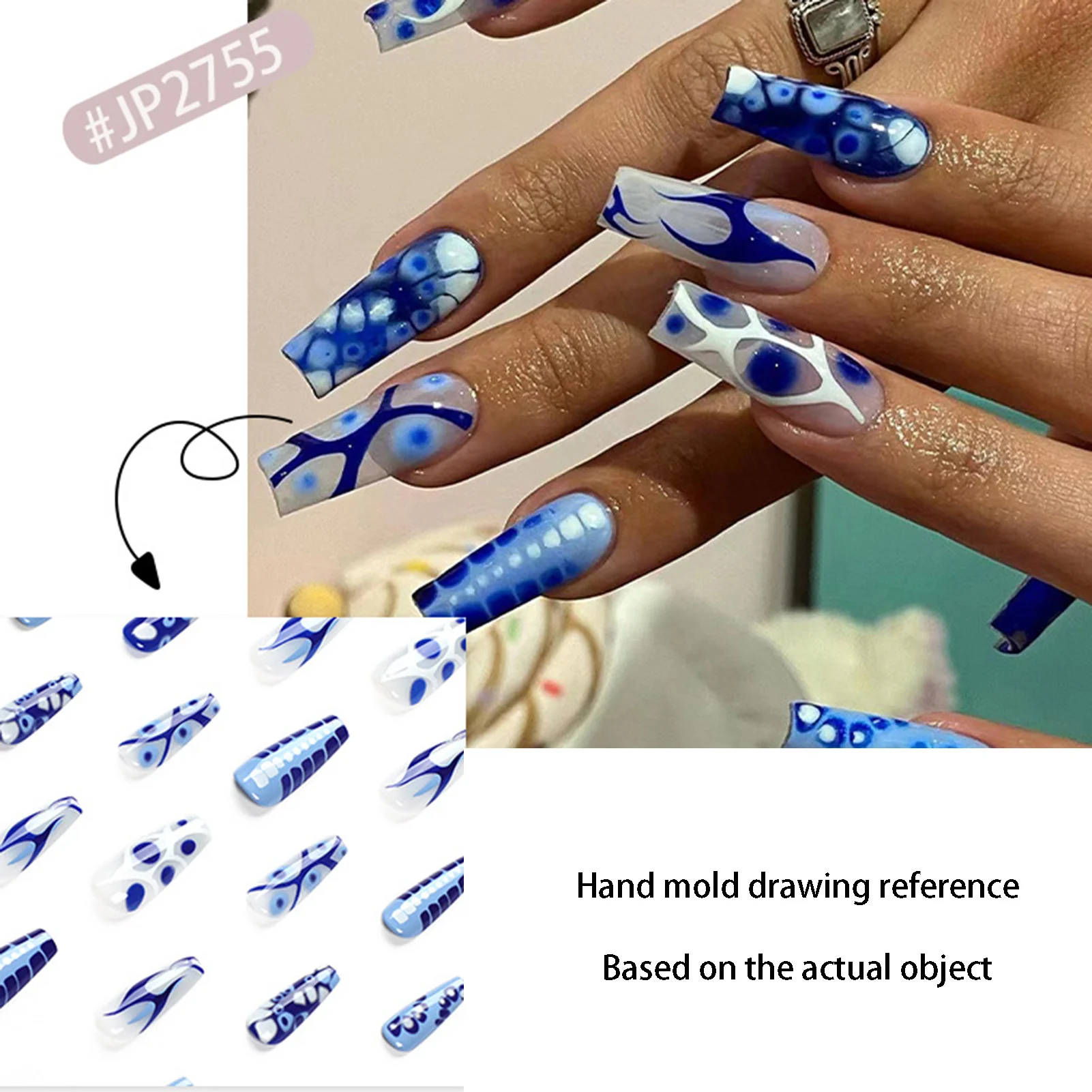 Nail Art False Nail for Women Ballerina Blue Pattern Elegant Artificial Nail for Women and Girl Nail Salon at Home