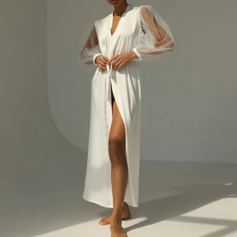 Vestido de noiva branco para mulheres, manga comprida tule robe, lingerie de festa de casamento, pijamas, pijamas, vestidos de fotografia, personalizado