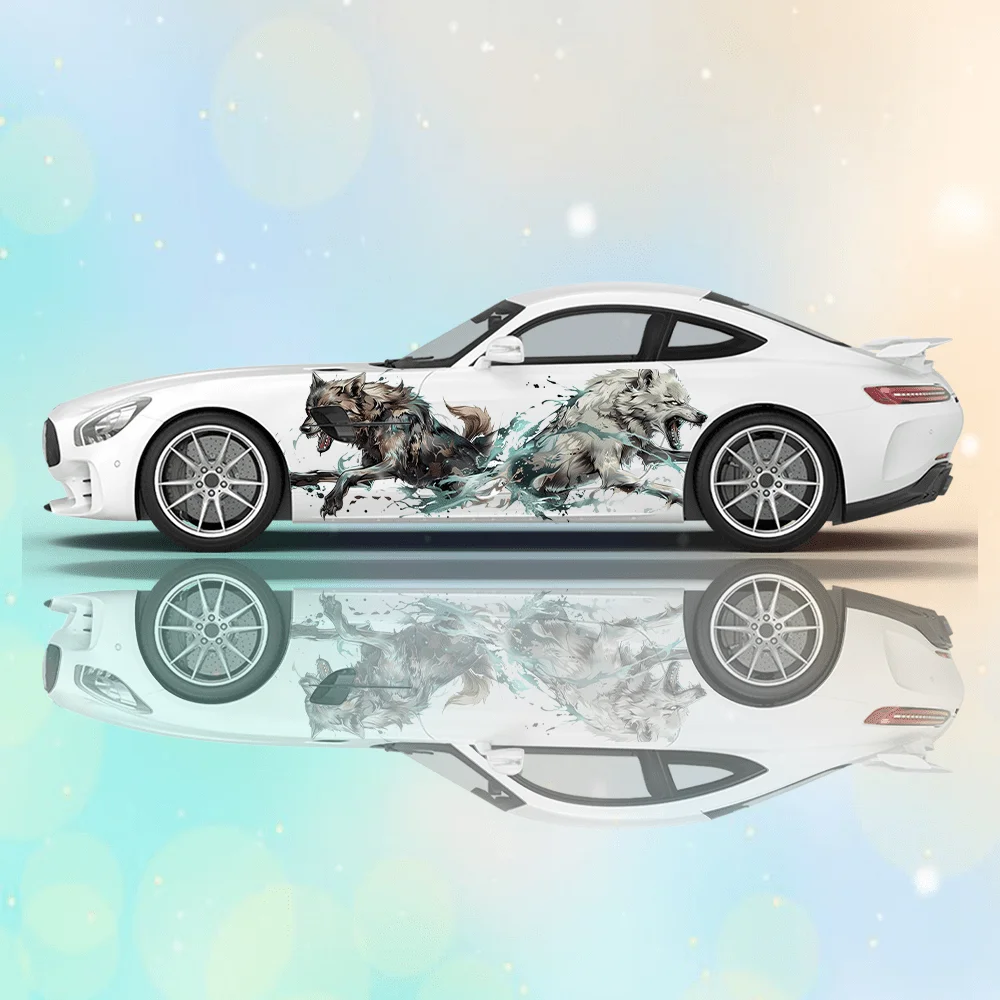 

Два волков в форме пламени, автомобильные виниловые наклейки, самоклеящаяся наклейка из ПВХ, подходит для грузовиков, внедорожников, декора, автоаксессуары, подарок