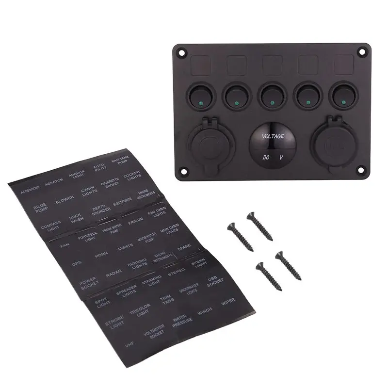 

AC34-5 Gang 12V/24V Inline-Fuse Box LED Switch Panel Dual USB Car Boat Truck Camper