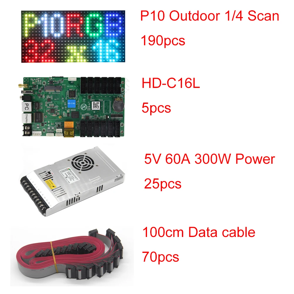 P10 LED display Set 190xP10 25xPower Supply 5xHD-C16L 70xData Cable