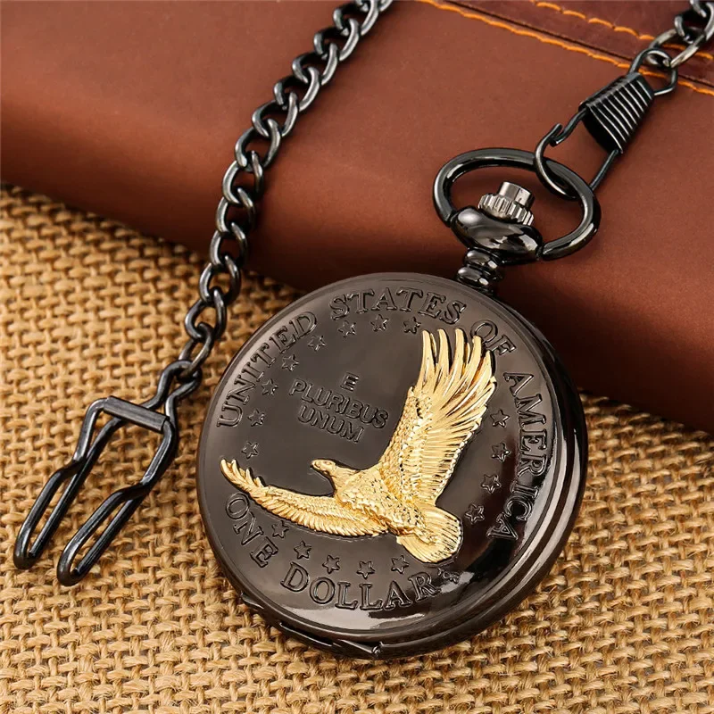 

Vintage Pocket Watch United States One Dollar Eagle Quartz Movement Clock Analog Watches FOB Necklace Chain Roman Number Dial
