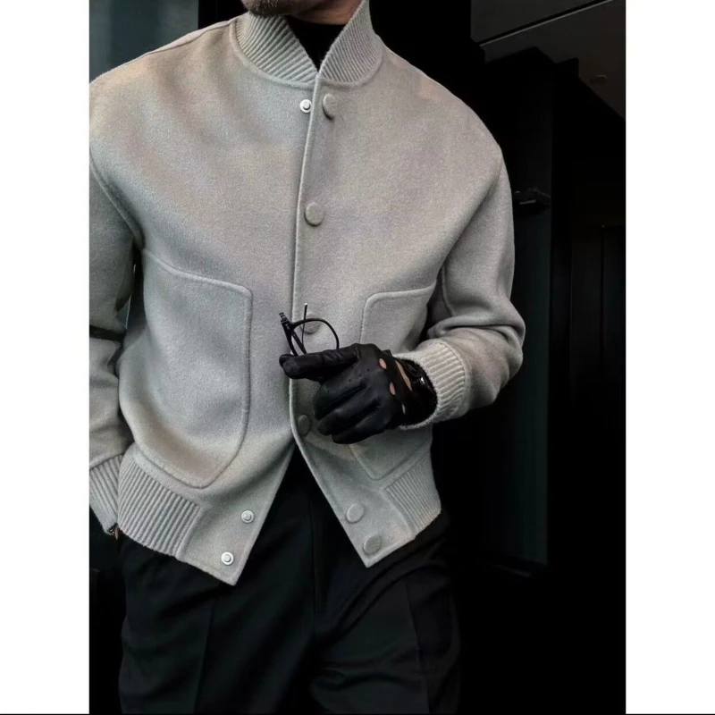 Men's Woolen Coat Fashion Brand Solid Color Stand Up Collar Versatile Trendy Jacket XJ153