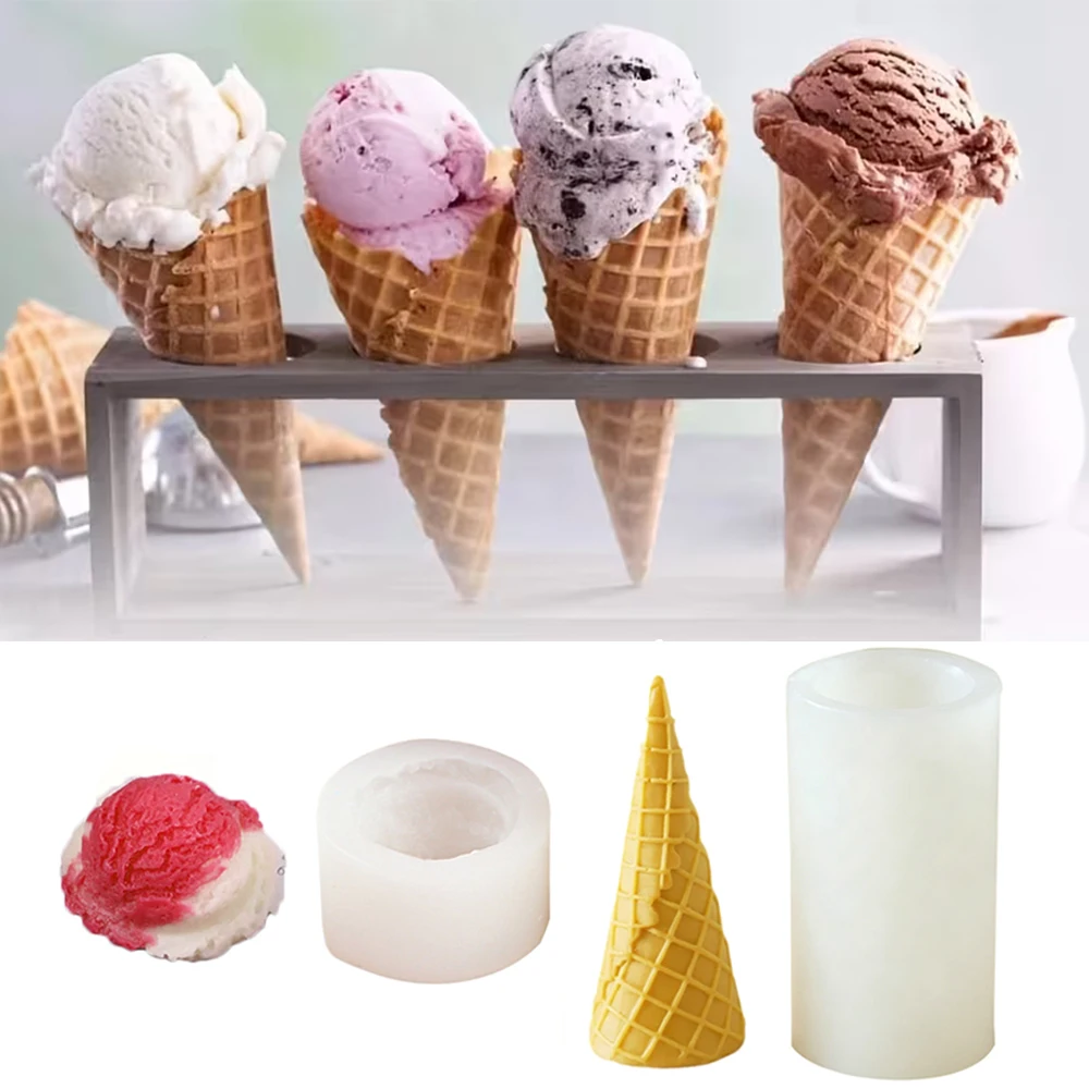 3D Ice Cream Cone Silicone Candle Mold DIY Ice Cream + Cone Molds for Handmade Aromatherapy Plaster Candle Soap & Resin Crafts