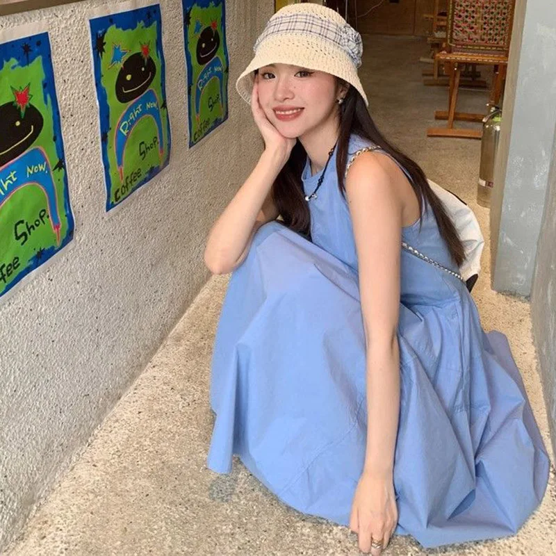 Women Light  Elegant Sleeveless Maxi Dress Lady Fashion Blue Casual Dress Female Summer Refined Casual Date Dress