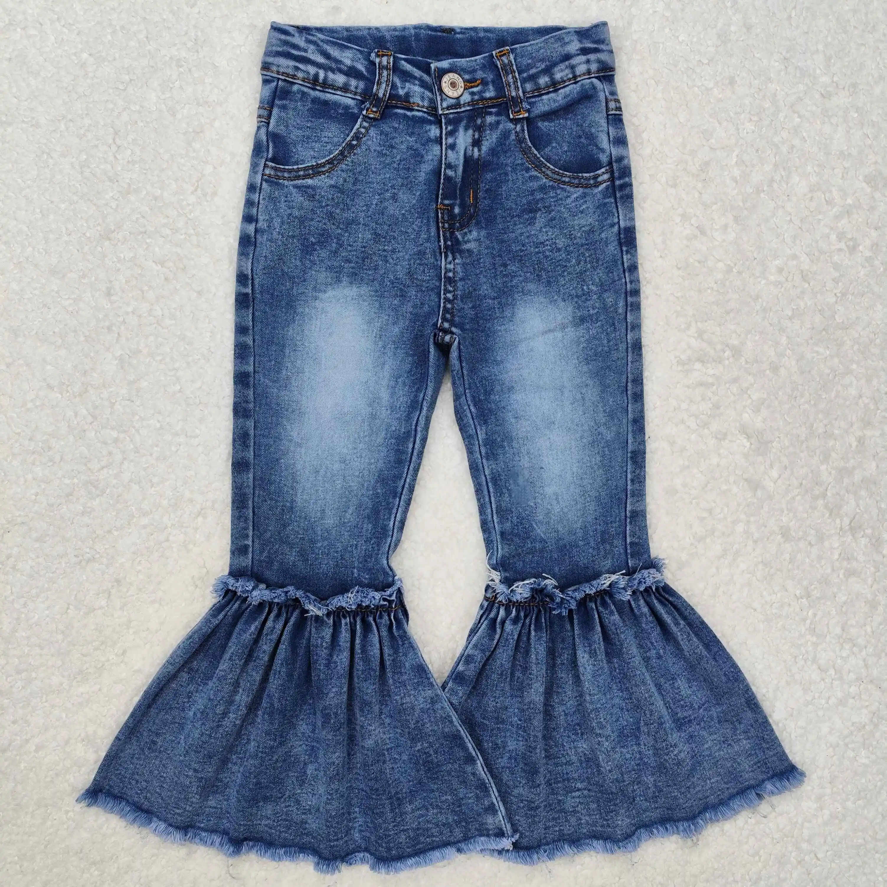 

New rts baby girls fashion spring new style western style jeans wholesale boutique raw edge blue denim pants