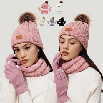 3Pcs/Set Women Winter Hat Scarf Gloves Faux Fur Ball Teenage...