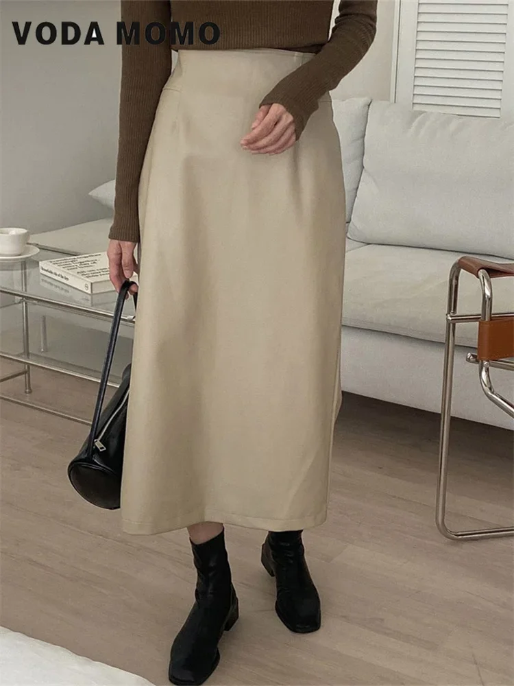 Solid Design Sense Leren Rok Dames Nieuwe Mode Retro Alle Bijpassende Hoge Taille Afslanken Terug Split Temperament Halve Rok