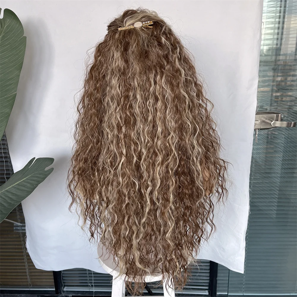 Long Synthetic 13x3 Lace Front Wig Brown Blonde Highlighted Kinky Curly Wig Transparent Lace Front Wig Women Cosplay Wig