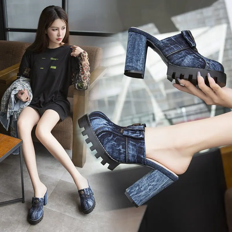 

2024 Women's Fashion New Baotou High Heel Denim Slippers Autumn Thick Soled High Heels Casual and Comfortable Denim Slippers