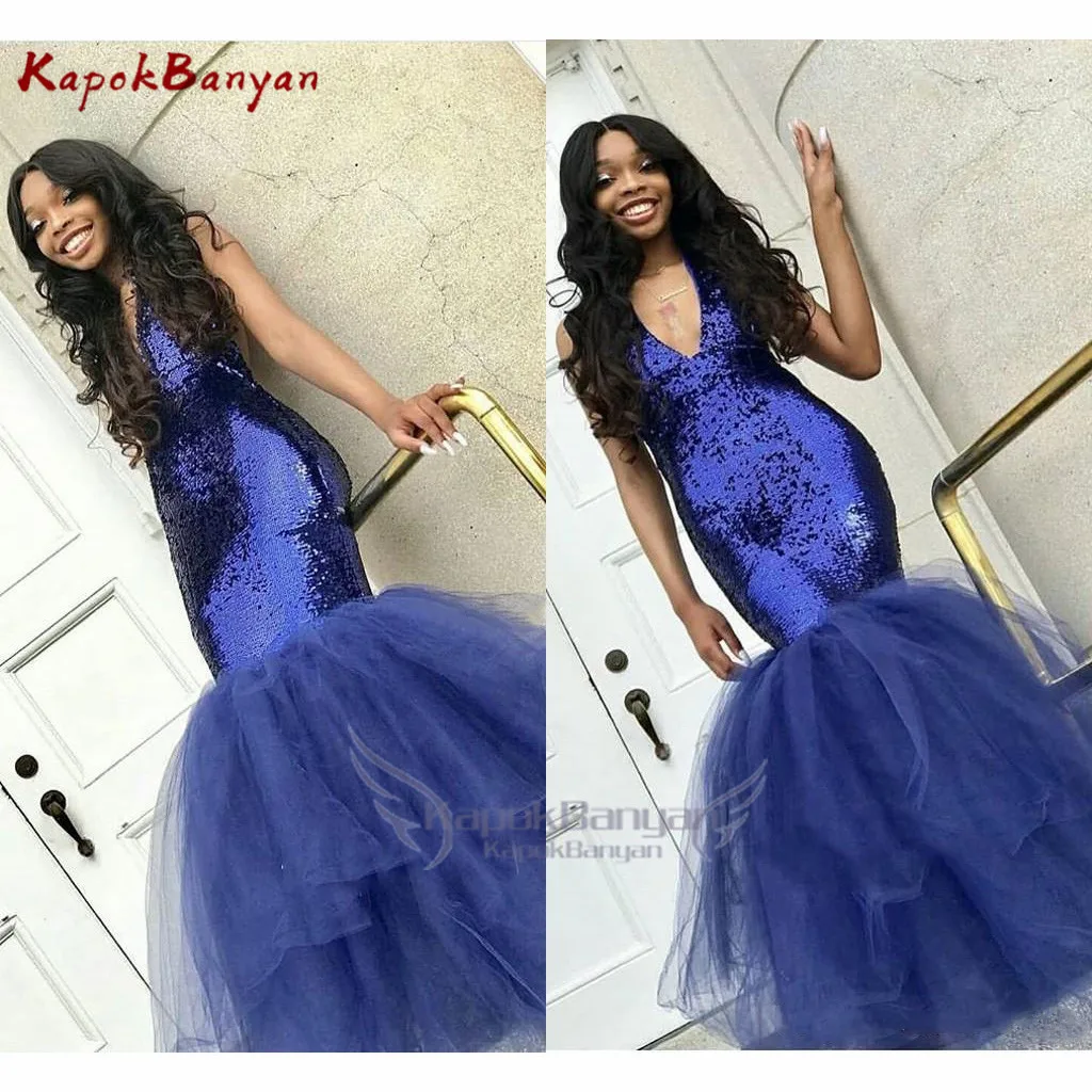 

Sexy Black Girls Mermaid Prom Dresses V-Neck Royal Blue Sequined Bodycorn Celebrity Dresses Formal Party Gowns Backless Robes