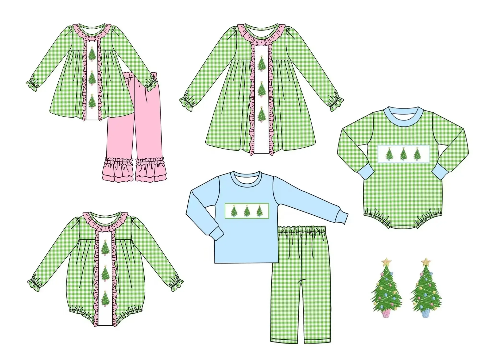 Wholesale Toddler Holiday Outfits Christmas Suits Boys Girls Matching Outfits Green Plaid Tops Pink Trousers Christmas Tree Prin