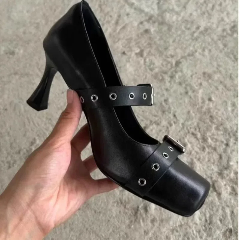 2024 New Black 7cm High Heels Sandals Metal Buckle Rivets Ballet Shoes Spicy Girl Square Toe Shoes PU Autumn Women's Shoes 35-39