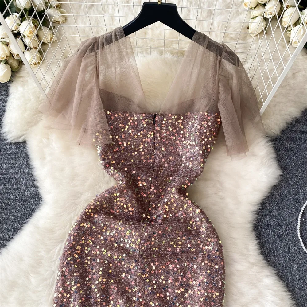 Women Chic Sequin Patchwork Slip Dress Sexy Backless Elegant Evening Party Robe Women Vintage Slim Split Ceremonial Dress