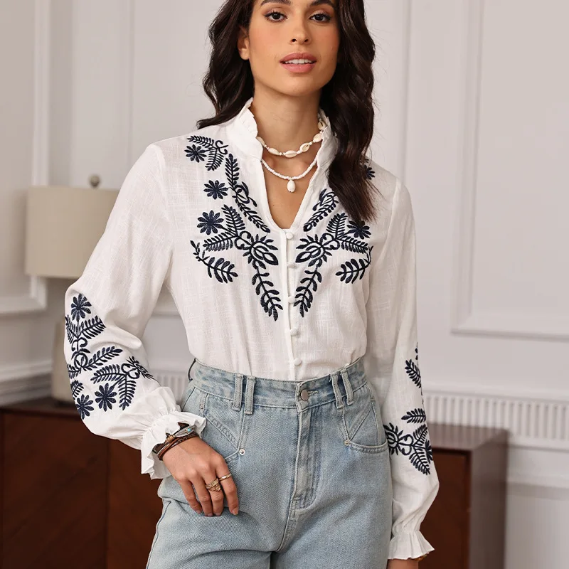 

French Elegant Floral Embroidered Shirt Spring And Autumn Long-sleeved V-neck Embroidered Women's Shirt Top