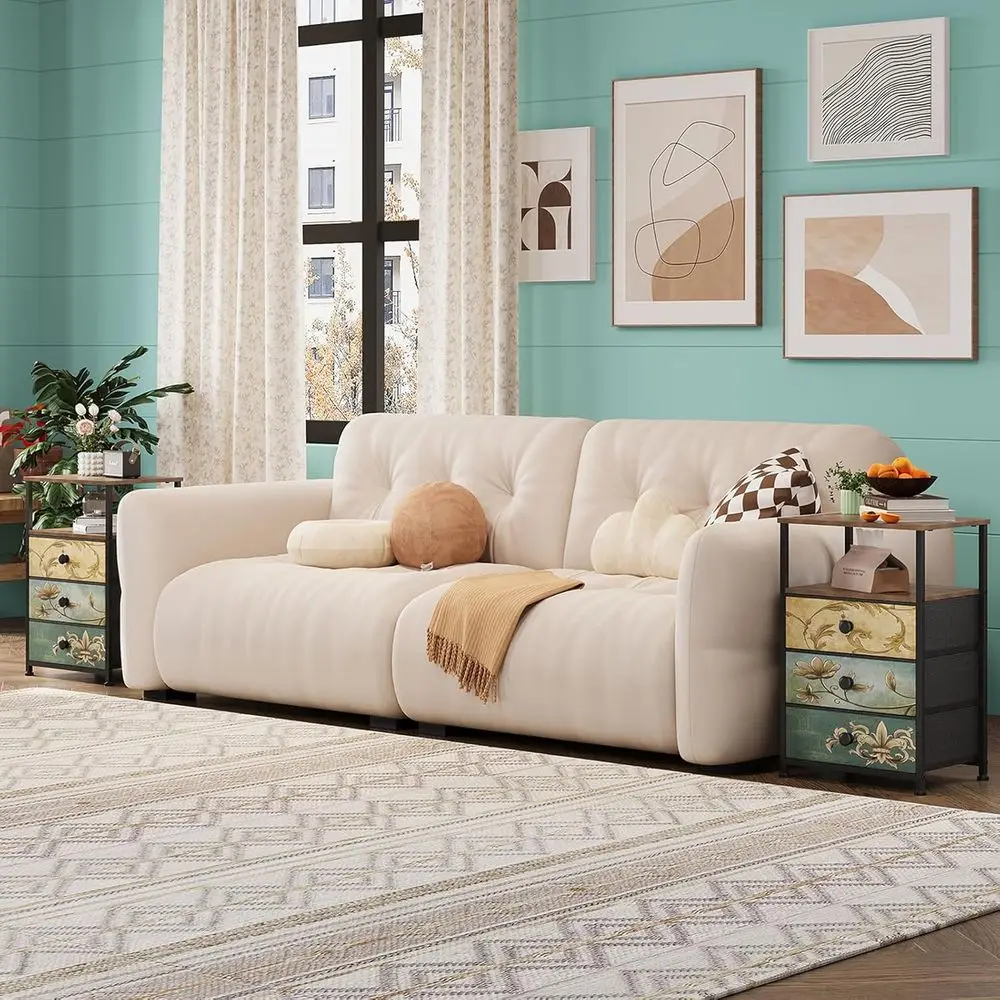 Meja Nakas Kain 3 Laci Vintage dengan Rak Penyimpanan, Meja Samping Bergaya Farmhouse untuk Kamar Tidur, Ruang Tamu, Sofa