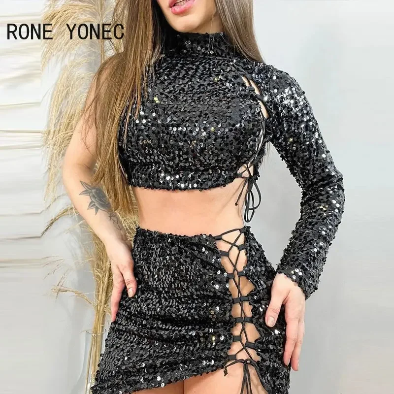 Women Chic Solid  One Shoulder Long Sleeves Lace Up Sequins Short Tops & Bottom Mini Asymmetrical Sexy Skirt Sets