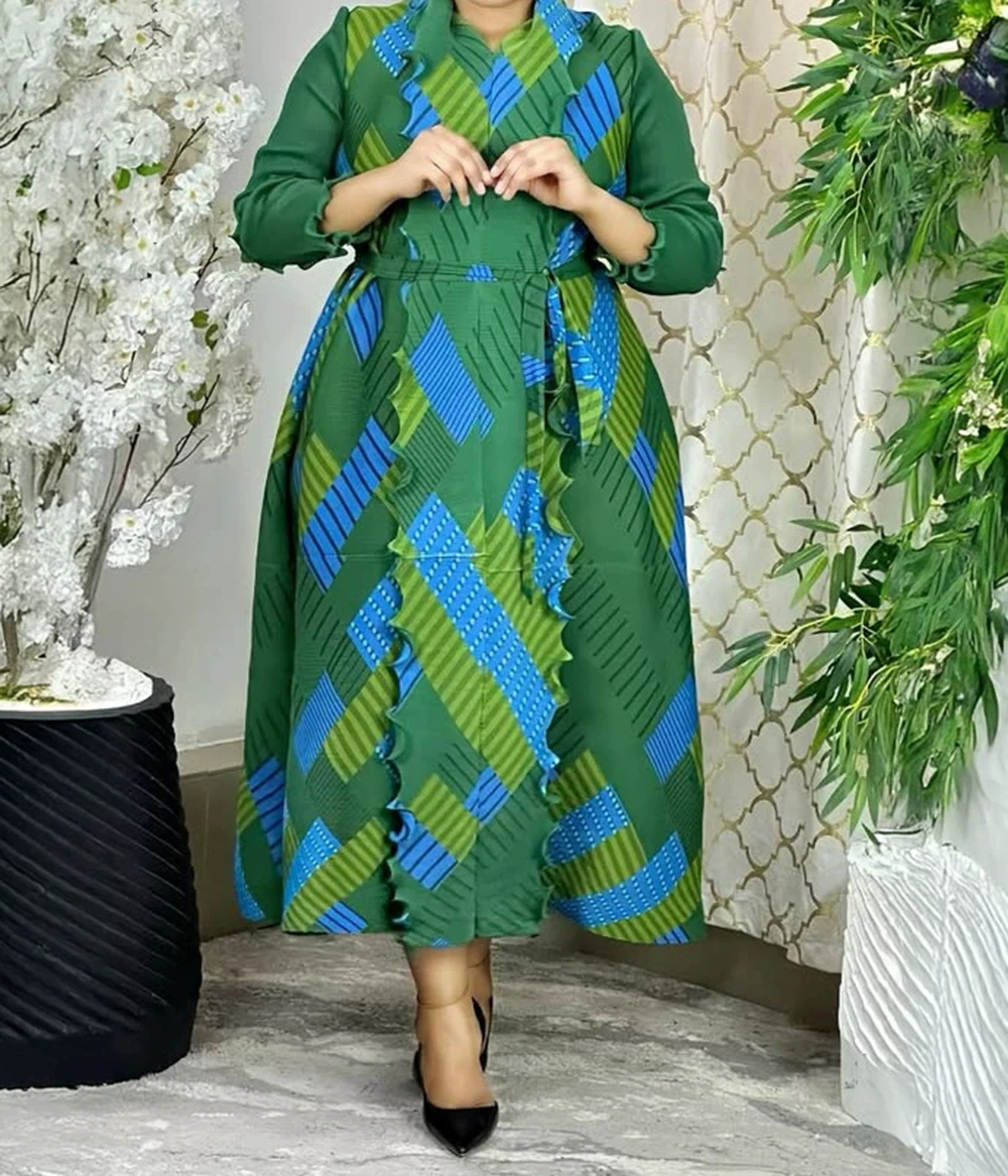 

Plus size women's fat summer wear pleated printed long-sleeved coat long Abai Ya robe-GZXX998