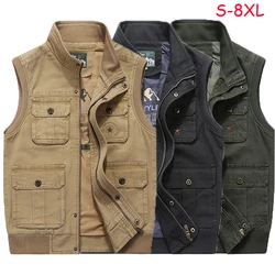 2024 Men Spring Many Pocket Sleeveless Stand Collar Vest Men Autumn Solid Color Outdoors Cargo Casual Vest Male Plus Size 8XL