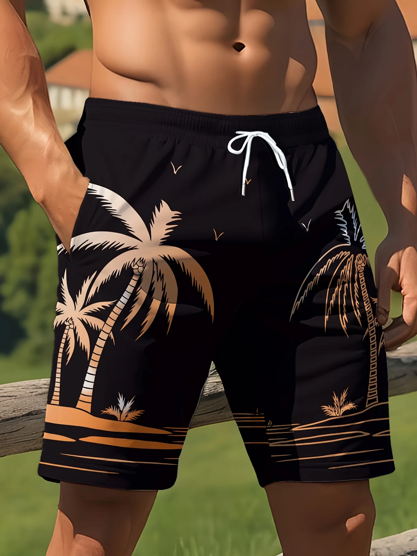 

2026 New Harajuku-Style Coconut Tree Print Beach Shorts Summer Mens Palm Tree Gradient Surf Shorts Hawaiian-Inspired Cool Trunks