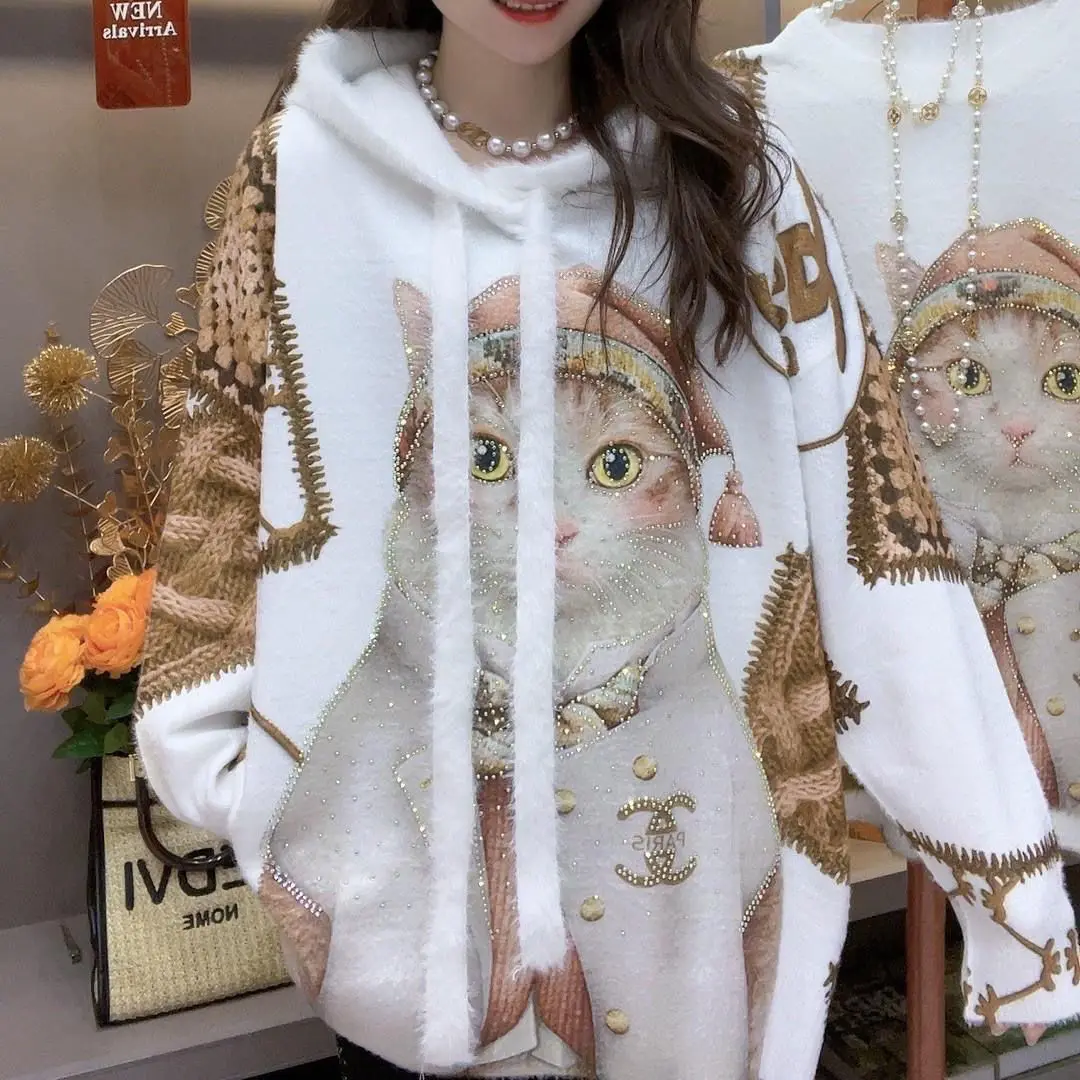 Casual Kawaii Cat Print Women Sweaters Hoodies Long Sleeve Pullovers Sweet All Match Jumpers Women Rhinestone Hooded Knitted