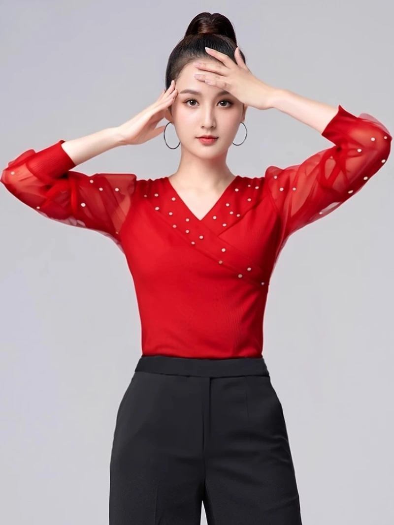 

Line Dance Top New Women Rumba Modern Dancing Top Female Short Sleeves Ballroom Dance Tops Adults Latin Dance Practice Clothes