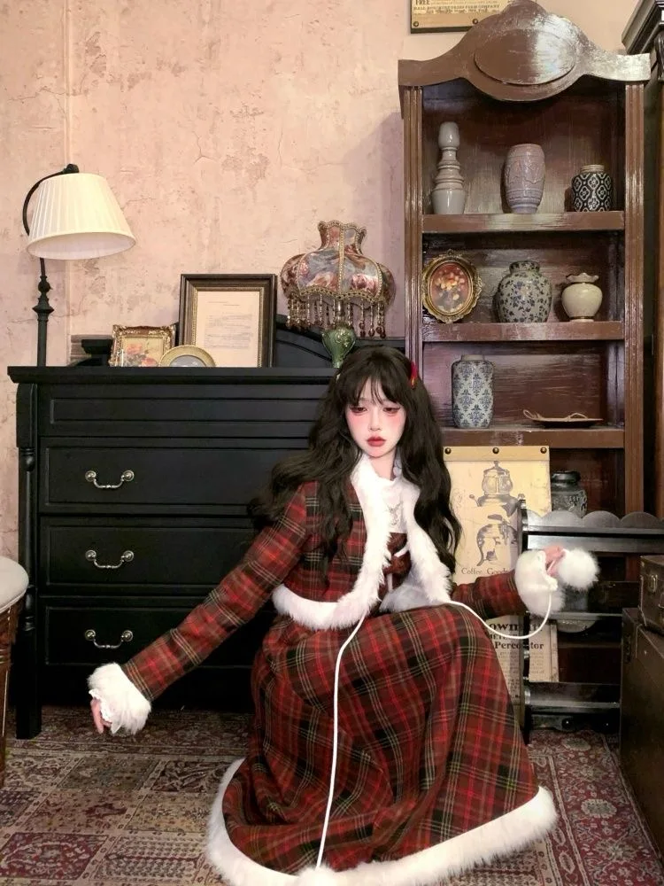 2025 الربيع والخريف خمر منقوشة قصيرة سترة سترة القوس عالية الخصر فستان بحزام أبيض كم طويل الداخلية ثلاث قطع مجموعة #6