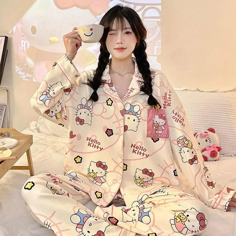 2 قطعة بيجامة سانريو Kawaii مرحبا كيتي الصيف طويلة الأكمام بنطلون فضفاض مريح عادية الكرتون الراقية الهدايا